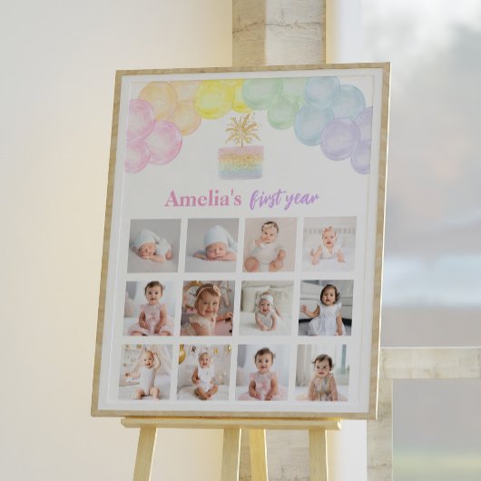 レインボーバルーン誕生日フォトマイルストーンサイン ポスター