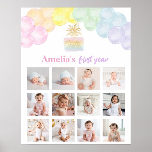レインボーバルーン誕生日フォトマイルストーンサイン ポスター (正面)