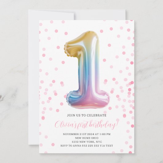 レインボーバルーン1stバースデーガールパーティー番号 招待状 (正面)