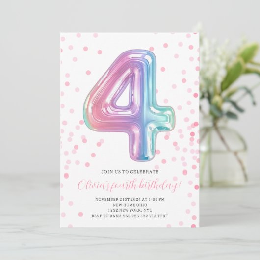 レインボーバルーン4thバースデーガールパーティー番号 招待状 (スタンド正面)