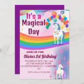 レインボーバルーンUnicornピンク誕生日パーティーガール 招待状 (正面/裏面)