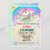 レインボーバルーンUnicornピンク誕生日パーティーガール 招待状 (正面/裏面)