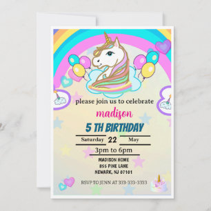レインボーバルーンUnicornピンク誕生日パーティーガール 招待状