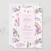 レインボーバルーンUnicornピンク誕生日パーティーガール 招待状 (正面)