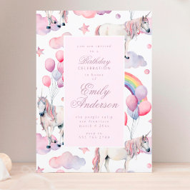 レインボーバルーンUnicornピンク誕生日パーティーガール 招待状