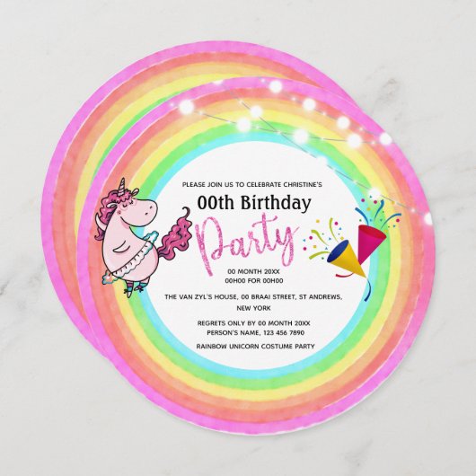 レインボーバレリナ2ガーリー光ユニコーン誕生日 招待状 (正面/裏面)