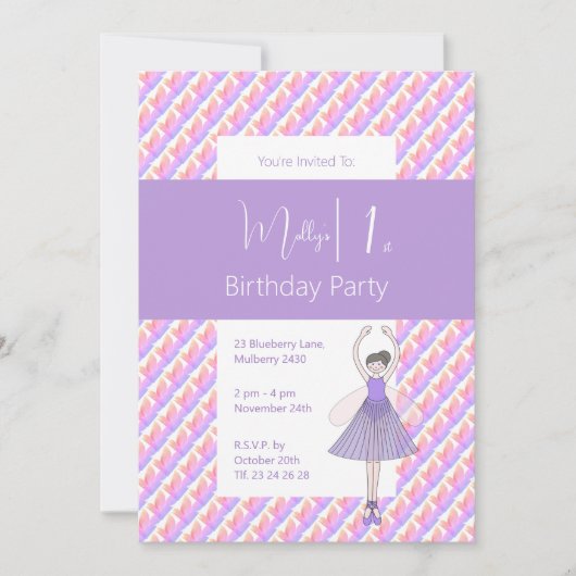 レインボーバレリーナフェアリーパープルガールズ1st誕生日 招待状 (正面)