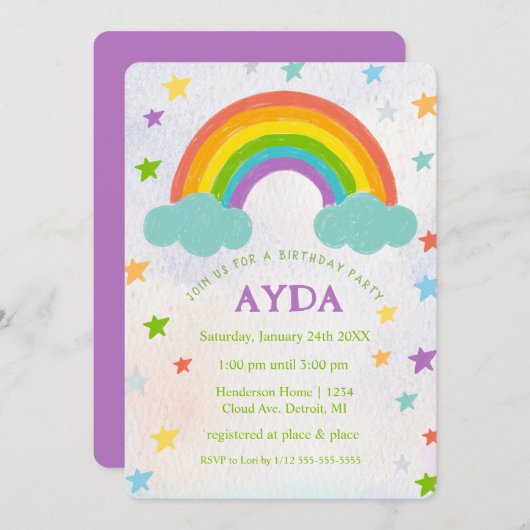 レインボーバースデーパーティーの招待 招待状 (正面/裏面)