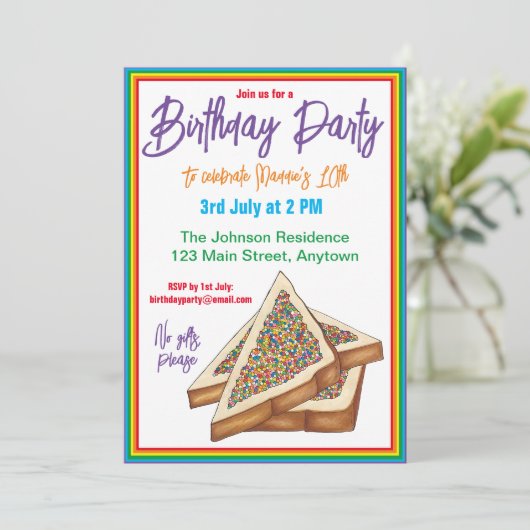レインボーバースデーパーティーオーストラリア妖精ブレッドフード 招待状 (スタンド正面)