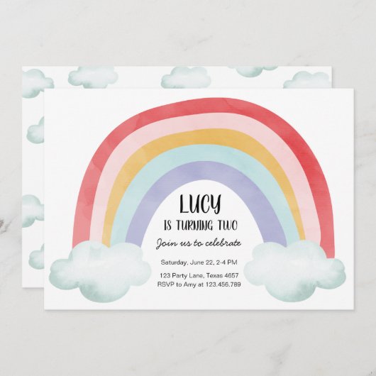レインボーバースデーパーティークラウドウォーター色の女の子 招待状 (正面/裏面)