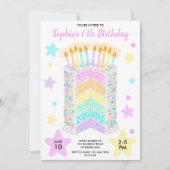 レインボーバースデーパーティーケーキと女の子のための写真 招待状 (正面)