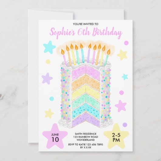 レインボーバースデーパーティーケーキと女の子のための写真 招待状 (正面)