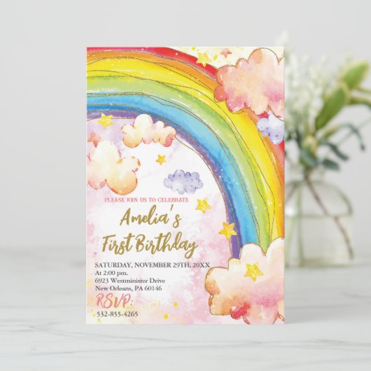 レインボーバースデーパーティー招待女の子誕生日 招待状 (スタンド正面)