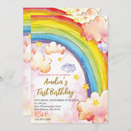 レインボーバースデーパーティー招待女の子誕生日 招待状 (正面/裏面)