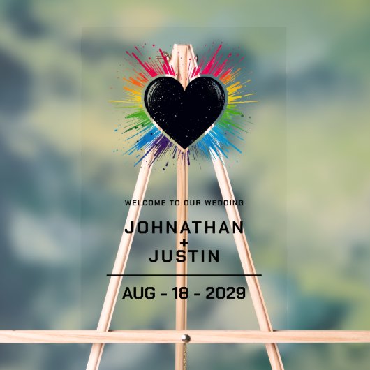 レインボーバースト結婚ハートの歓迎 アクリルサイン (ニュートラル)