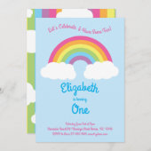 レインボーパステルキュートキッズ1回誕生日パーティーピンク 招待状 (正面/裏面)