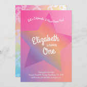 レインボーパステルスターズキッズ1st誕生日パーティーピンク 招待状 (正面/裏面)