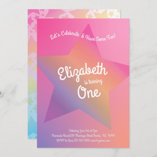 レインボーパステルスターズキッズ1st誕生日パーティーピンク 招待状 (正面/裏面)