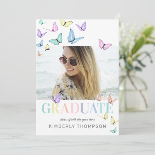 レインボーパステル蝶の写真卒業パーティー 招待状 (スタンド正面)