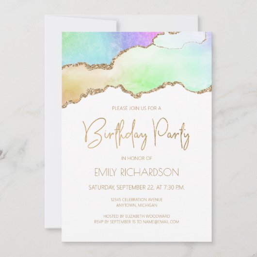 レインボーパステル金ゴールドアゲートゲイドニーイヤー誕生日 招待状 (正面)