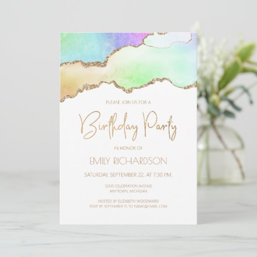 レインボーパステル金ゴールドアゲートゲイドニーイヤー誕生日 招待状 (スタンド正面)