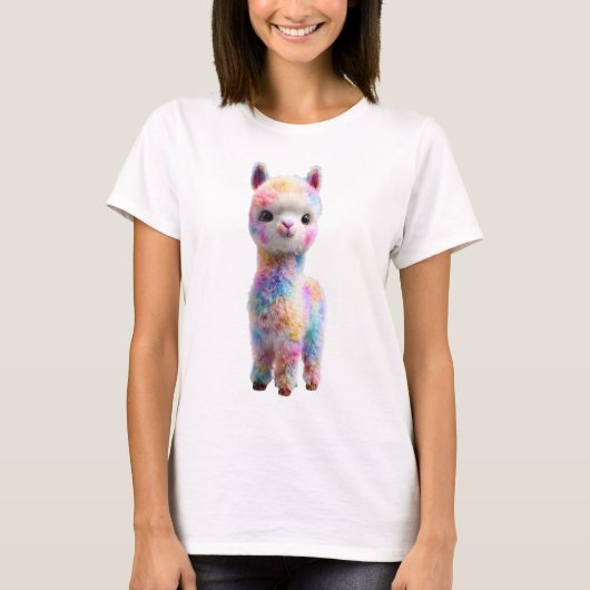 レインボーパステル フラッフィーアルパカの肖像画  女性 Tシャツ (正面)
