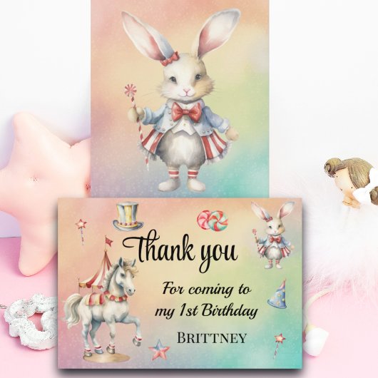 レインボーパステルw動物1st誕生日 サンキューカード