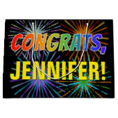 レインボーパターン「おめでとう」、名前をカスタムする、Fireworks ラージペーパーバッグ (正面)