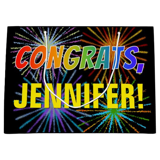 レインボーパターン「おめでとう」、名前をカスタムする、Fireworks ラージペーパーバッグ (正面)