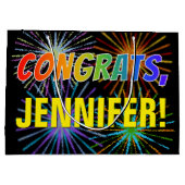 レインボーパターン「おめでとう」、名前をカスタムする、Fireworks ラージペーパーバッグ (裏面)