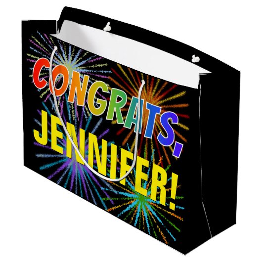 レインボーパターン「おめでとう」、名前をカスタムする、Fireworks ラージペーパーバッグ (裏面アングル)