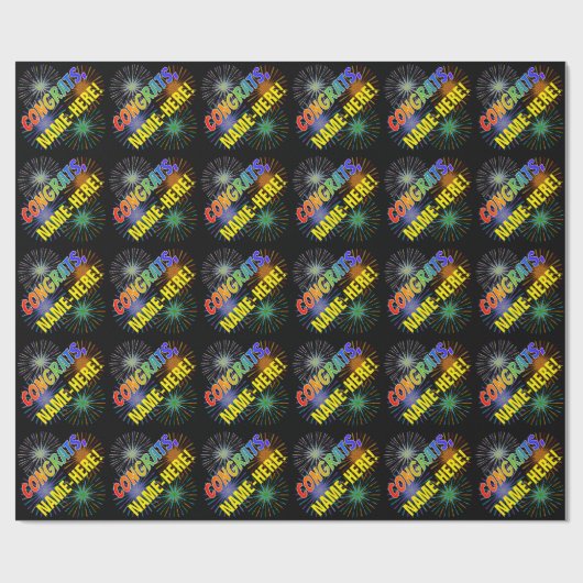 レインボーパターン「おめでとう」、花火、名前をカスタムする ラッピングペーパー (フラット)