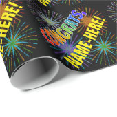 レインボーパターン「おめでとう」、花火、名前をカスタムする ラッピングペーパー (ロールコーナー)