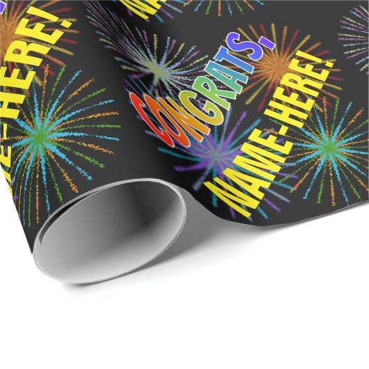 レインボーパターン「おめでとう」、花火、名前をカスタムする ラッピングペーパー (ロールコーナー)