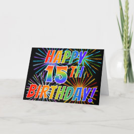 レインボーパターン「HAPPY 15th誕生日!」+花火 カード
