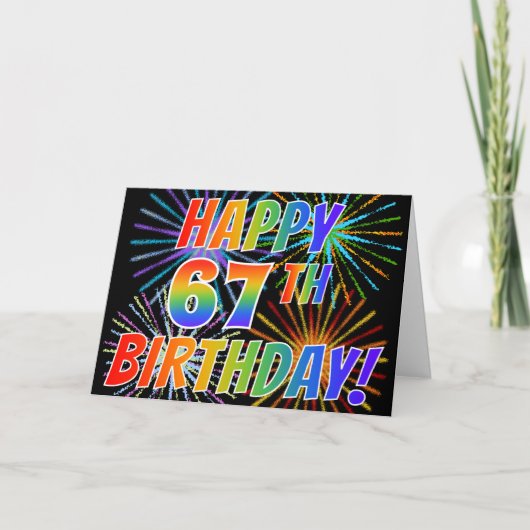 レインボーパターン「HAPPY 67th誕生日!」+花火 カード (正面)