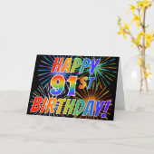 レインボーパターン「HAPPY 91ST誕生日!」+花火 カード (黄色い花)