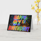 レインボーパターン「HAPPY 97th誕生日!」+花火 カード (黄色い花)