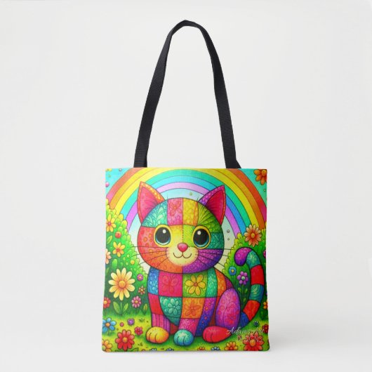 レインボーパッチワークキャットアート トートバッグ (正面)
