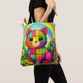 レインボーパッチワークキャットアート トートバッグ (クローズアップ)