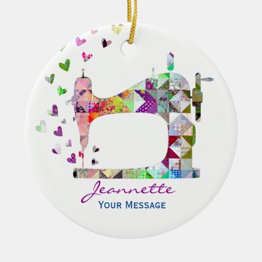 レインボーパッチワークキルト裁縫機 セラミックオーナメント (正面)