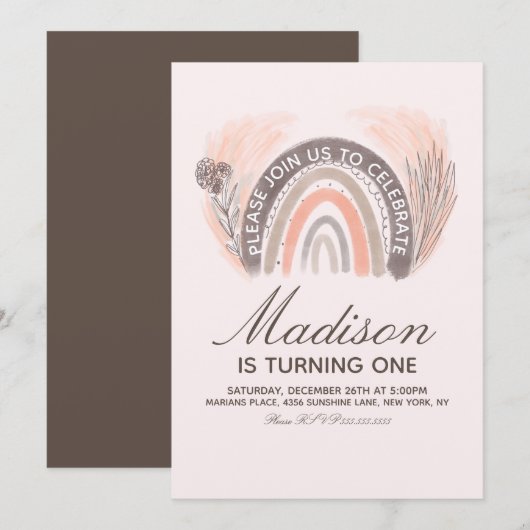 レインボーパンパスドードルボヘミアン素朴誕生日 招待状 (正面/裏面)