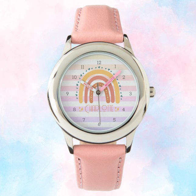 レインボーパーソナライズされたキッドウォッチ – かわいい名前をカスタムする 腕時計 (Personalized Rainbow Kid Watch – Cute Custom Name)