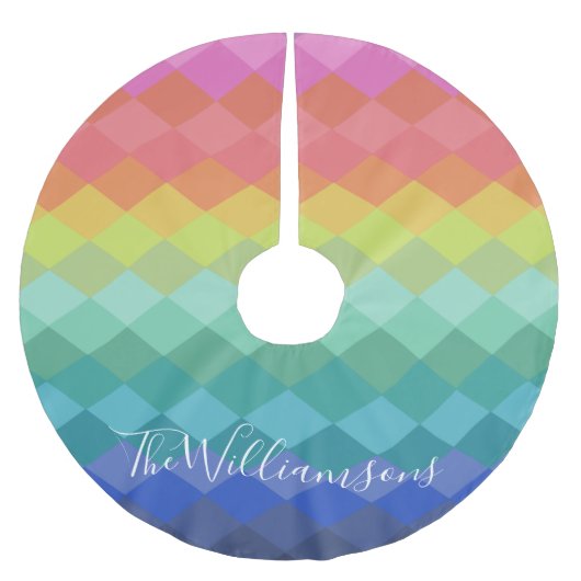 レインボーパーソナライズされたグラディエント幾何学的クリスマス ブラッシュドポリエステルツリースカート (正面)