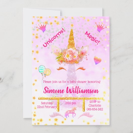 レインボーパーソナライズされたグリッターゴールデンユニコーン 招待状 (正面)