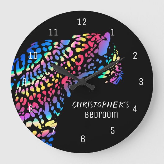 レインボーパーソナライズされたジャガーベッドルームクロック ラージ壁時計 (正面)