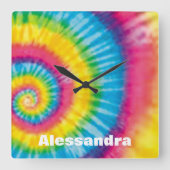レインボーパーソナライズされたタイダイ60sヒッピーVibe スクエア壁時計 (正面)
