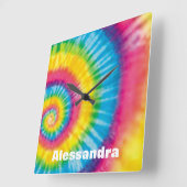 レインボーパーソナライズされたタイダイ60sヒッピーVibe スクエア壁時計 (傾斜)