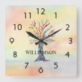 レインボーパーソナライズされたツリー スクエア壁時計 (正面)