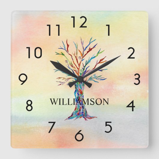 レインボーパーソナライズされたツリー スクエア壁時計 (正面)